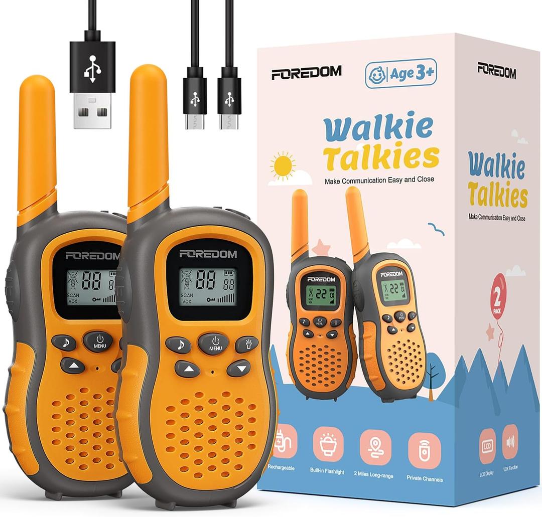 FOREDOM Rechargeable Walkie Talkies for Kids Walkie Talkies Long Range for Boy & Girl Age 3 to 12 Year Old Birthday Toys with Flashlight, 2 Pack