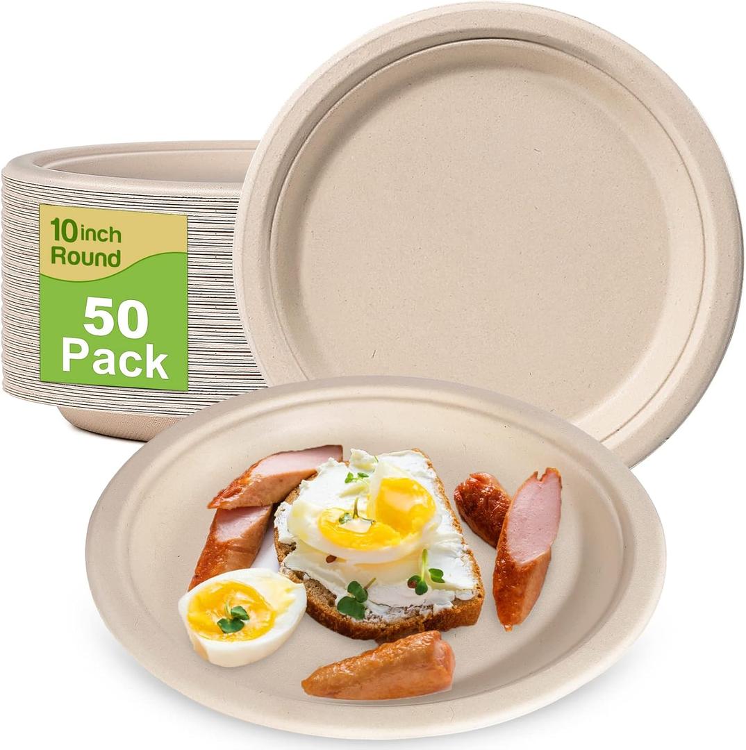 Paper Plates 10 Inch Bulk, 50 Pack Compostable, Eco Friendly Heavy Duty, Made of Natural Sugarcane Fibers, Brown Paper Plates Large Sturdy