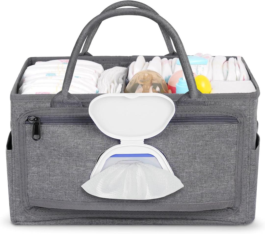 Volnamal Diaper Caddy with Wipe Dispenser One-Handed Access, Premium Diaper Organizer, Portable Car Organizer Nursery Basket for Newborn Essentials, Baby Registry Must Haves for Boys & Girls,Grey