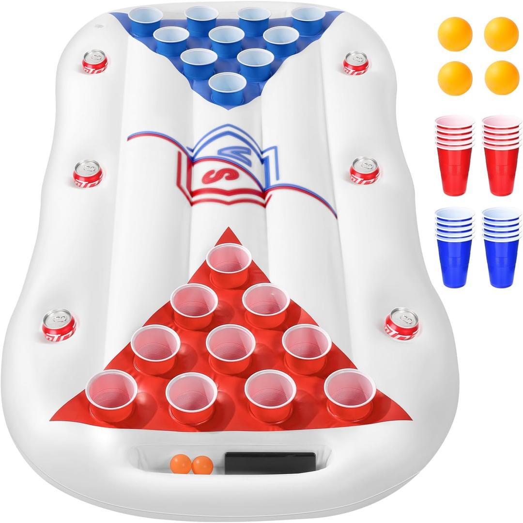 Pool Games for Adults with Family 6FT Floating Pool Table Toss Water Toys Lake Accessories Party Essentials Pool Floats Raft Tanning with 20 Cups 4 Ping Pong