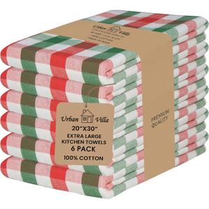 Urban Villa Christmas Kitchen Towels 100% Cotton Dish Towels for Kitchen (Set of 6) 20x30 Dish Cloths Absorbent Kitchen Linen Set with Hanging Loop Perfect for Drying Dishes Cleaning  X MAS Checks (Red/Green/White)