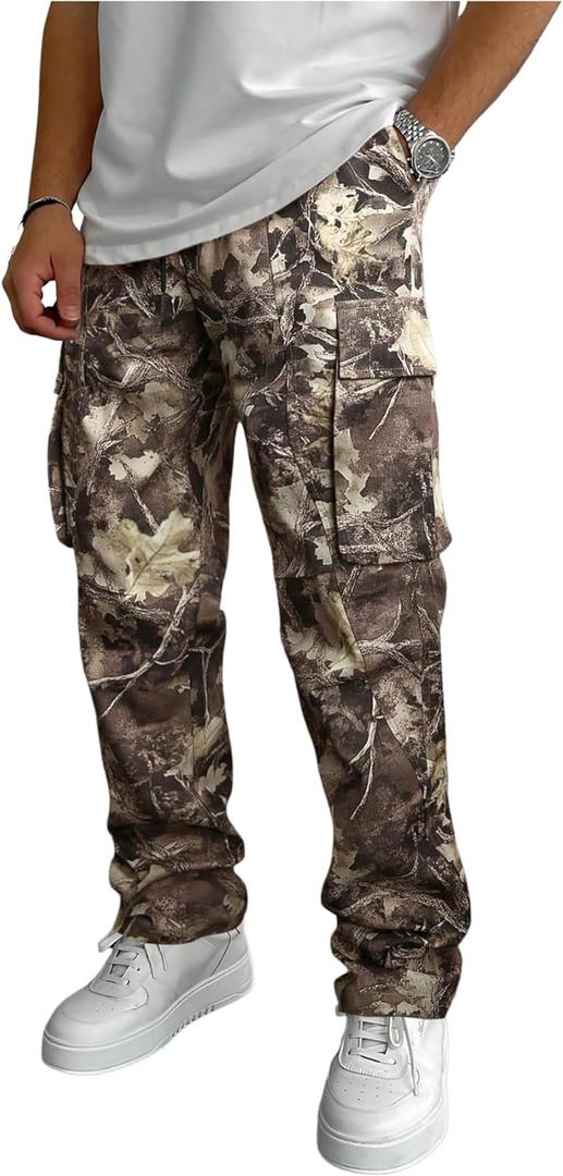 Men's Camo Drawstring Waist Cargo Pants Allover Print Long Trousers Streetwear with Pockets (Large, Yellow)