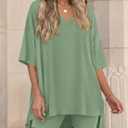 PRETTYGARDEN 2 Piece Sets for Women Summer 2026 Lounge Short Set Spring Matching Biker Shorts V Neck Oversized Shirt Clothing (Green, XXL)