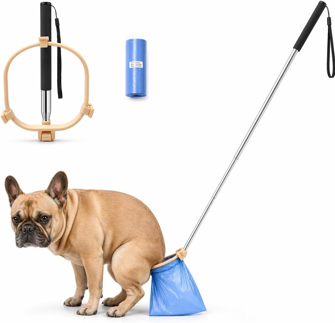 Pooper Scooper for Dogs, Hands-Free Pet Waste Pickup Tool, Foldable 8 Inch Design with 32 Inch Extendable Handle, Stainless Steel Rod, Includes 15 Bags for Yard, Walks and Travel