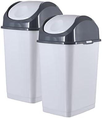 Superio Small 2.5 Gallon Plastic Trash Can with Swing Top Lid, Compact Slim Waste Bin for Under Desk, Office, Bedroom, Bathroom, Dorm Room, 10 Qt. Portable Garbage Can (SmokeWhite/Grey, 2 Pack)