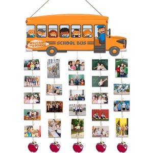 First Day of School Decoration - 13'' x 5'' School Bus Design - Welcome Wood Sign With 5 Hanging Apple - Display Picture Boards with 30 Clips - Back To School Hanging Plaque Decor For Classroom- A03