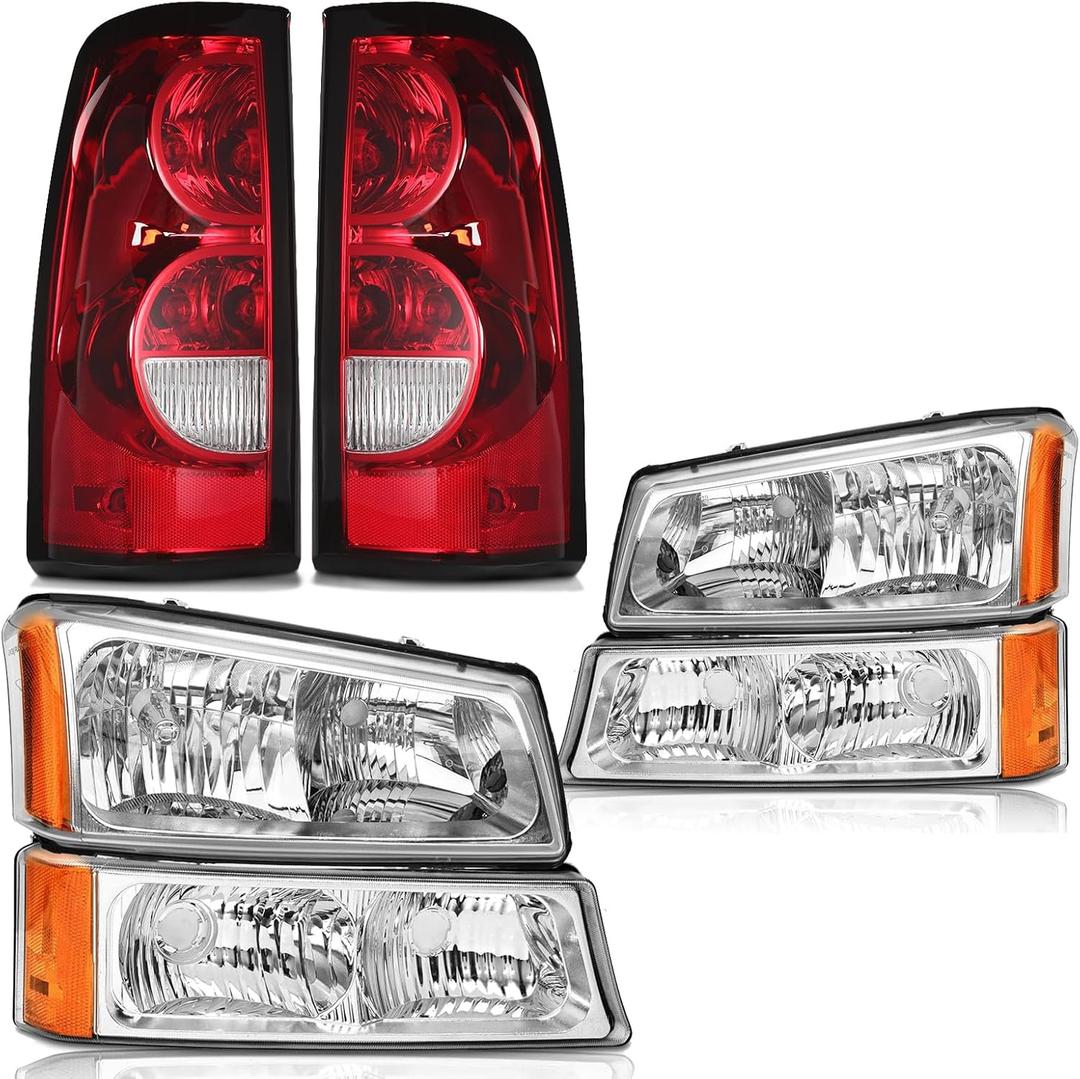 Headlights Tail Lights Assembly Combo Compatible with 2003-2006 Chevy Silverado 1500 2500 & HD Models, Chrome Housing Amber Side Headlamp + Taillight Rear Brake Lamp