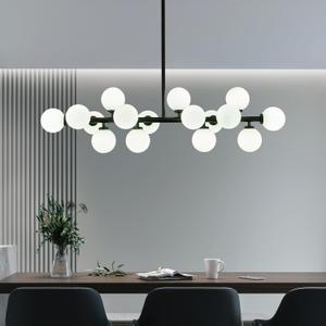 CROSSIO Modern Linear Chandeliers Black 16 Lights Pendant Light Fixtures Bubble Glass Chandelier Mid Century Sputnik Chandelier for Kitchen Island Dining Room (Black (Milk white lampshade))