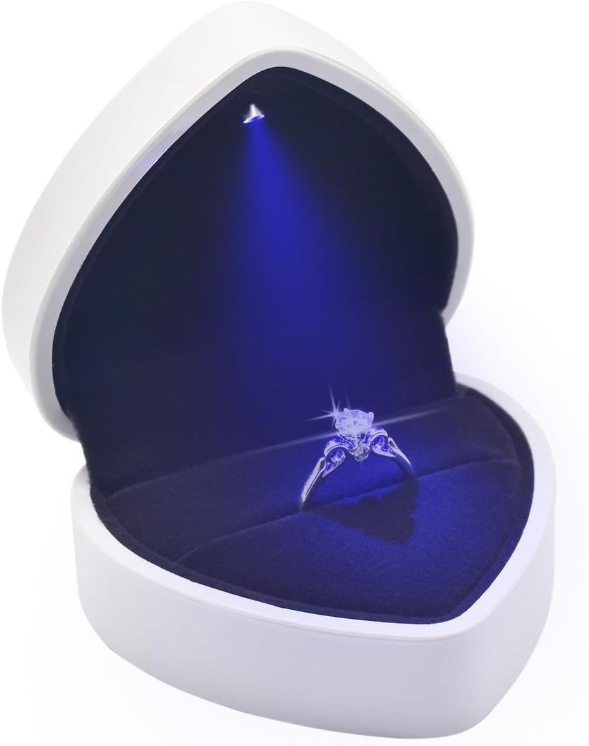 Luxury LED Lighted Ring Box - Heart Shaped Elegant Pearl White Ring Case for Wedding Rings, Perfect for Engagement, Proposal, Anniversary, Ceremony, and Gift Giving