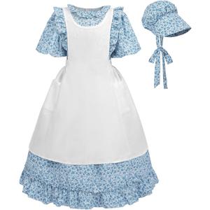 LTAKK Pioneer Dress Girls Colonial Costume Prairie Pilgrim Girl Dresses with Apron and Bonnet Small