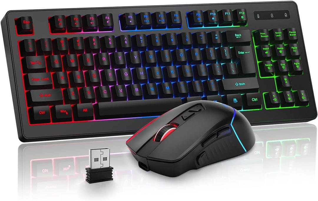 BlueFinger Wireless Keyboard and Mouse Combo, Long Lasting Rechargeable Battery 87 Keys RGB Rainbow Backlit Gaming Keyboard & Ergonomic Light Up Gaming Mouse for Mac Laptop Computer PC Gamer
