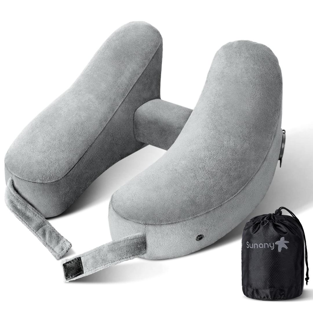 Sunany Travel Neck Pillow for Airplane Pillow Comfortably Supports Head, Neck and Chin, Inflatable Travel Pillow with Soft Velour Cover and Portable Drawstring Bag (Black) (Grey, H)