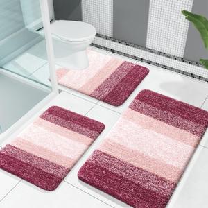OLANLY Bathroom Rugs Sets 3 Piece, Soft Absorbent Microfiber Bath Mats and U-Shaped Contour Toilet Rug, Plush Shaggy Bath Mat Set for Bathroom (30"x20"+24"x16"+24"x20", Red) (30" x 20" + 24" x 16" + U Shape 24" x 20")