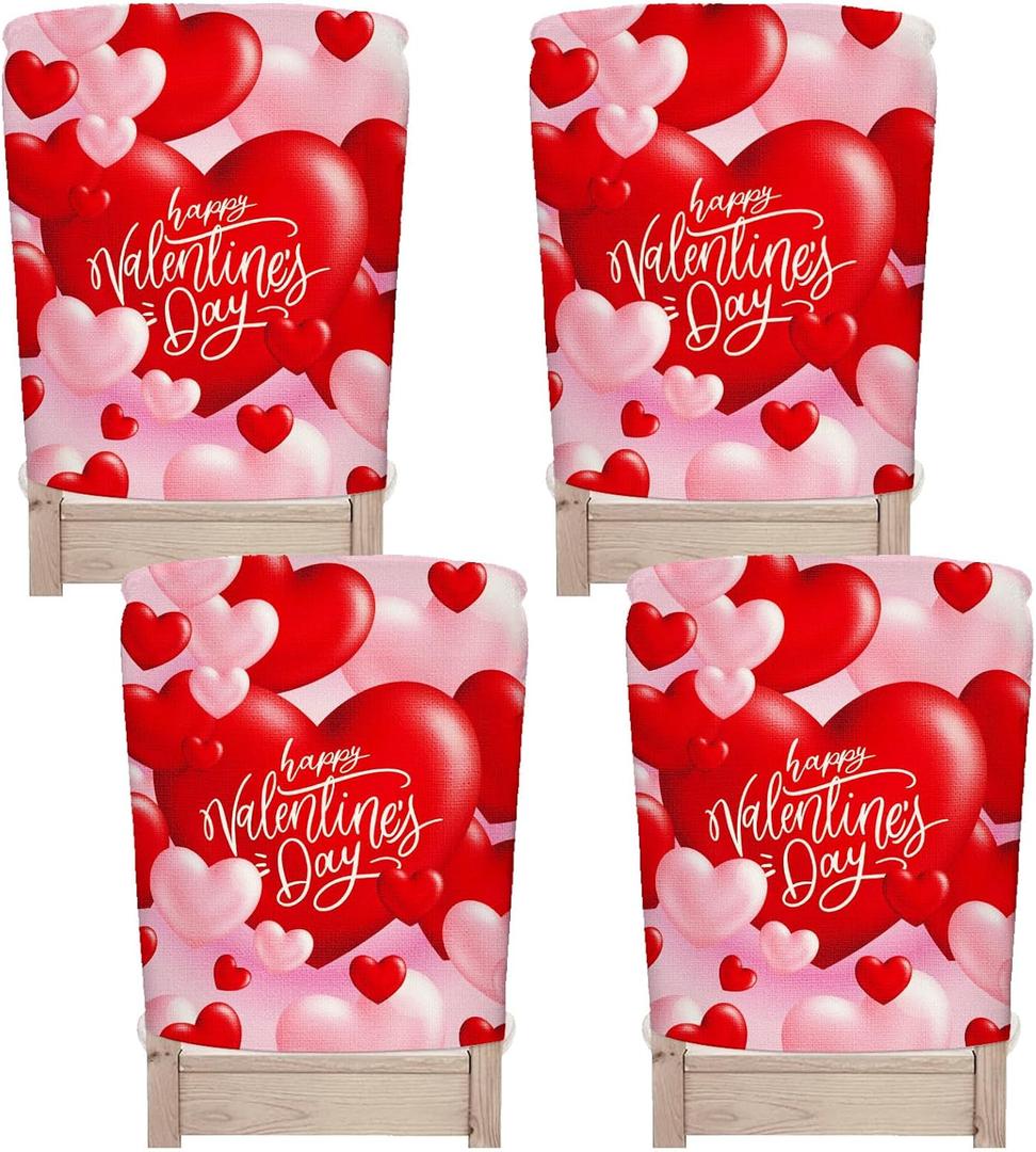 Whaline 4Pcs Happy Valentine's Day Chair Covers Red Pink Love Heart Seat Covers Washable Sweet Dining Chair Slipcovers Protector for Wedding Anniversary Home Room Kitchen Decor