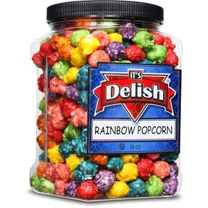 Gourmet Rainbow Colored Popcorn by It's Delish, 16 Oz Jumbo Container | Bulk Colorful Popcorn Snack - Fruity Flavored Air Popped Corn Fun Confetti | Birthday Party, Events Gluten Free, Vegan, Kosher, Best By: 17/JUN/27