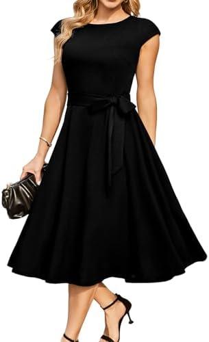 DRESSTELLS Women's Cocktail Dresses, Formal Wedding Guest Modest Church Vintage Tea Party Midi Evening Dress Size L
