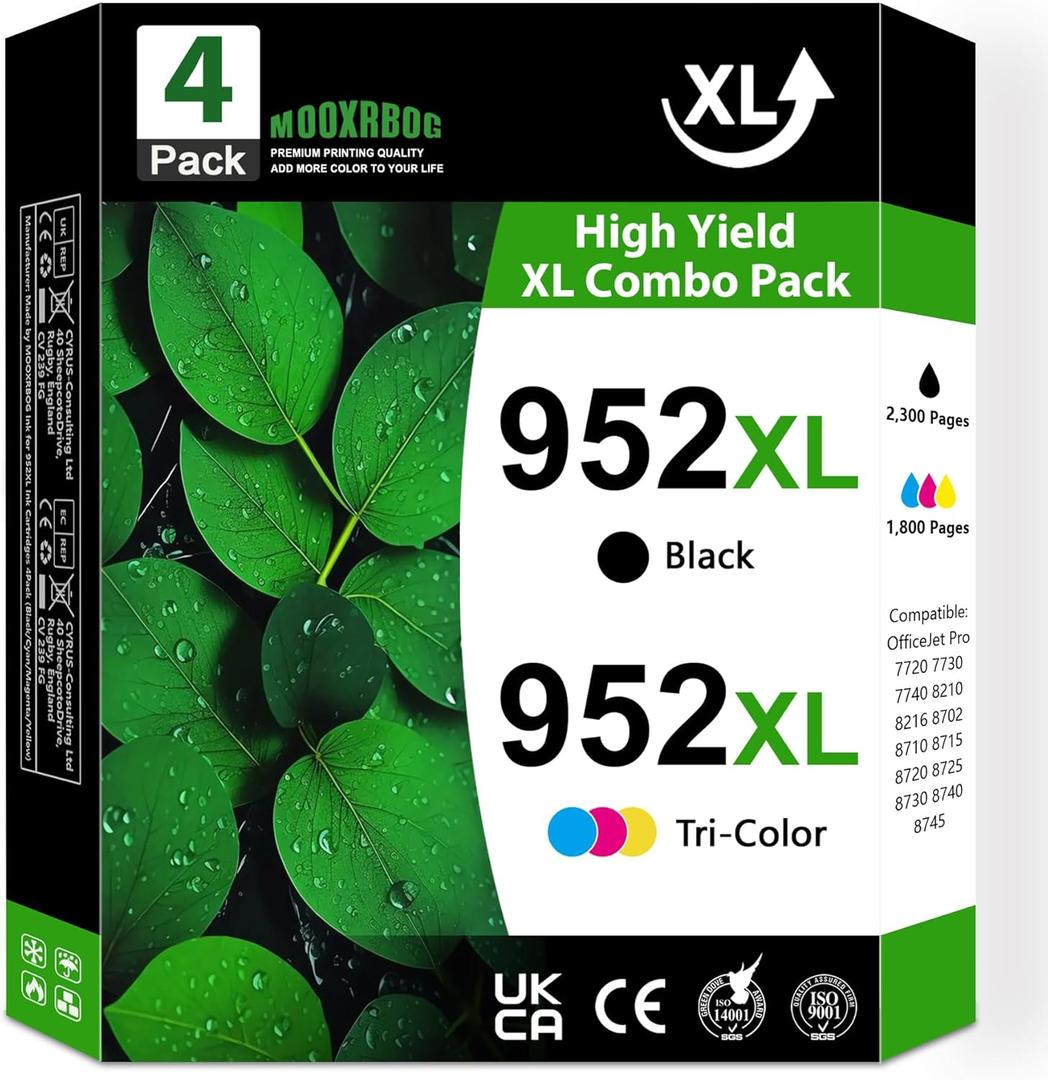 952XL Ink Cartridges High Yield (4-Pack, Black/Cyan/Magenta/Yellow) Replacement for HP 952 952XL Ink for OfficeJet Pro 7740 8210 8702 8710 8715 8720 Printer
