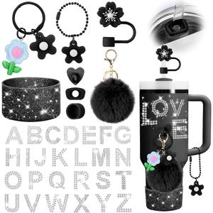Mity rain Cup Accessories Set for Stanley cup 30oz 40oz tumbler with handle, Including A-Z Initial Letter Waterproof Diamond Sticker, Straw Topper, Spill Proof Stopper, Flower Charms, Boot (Black)