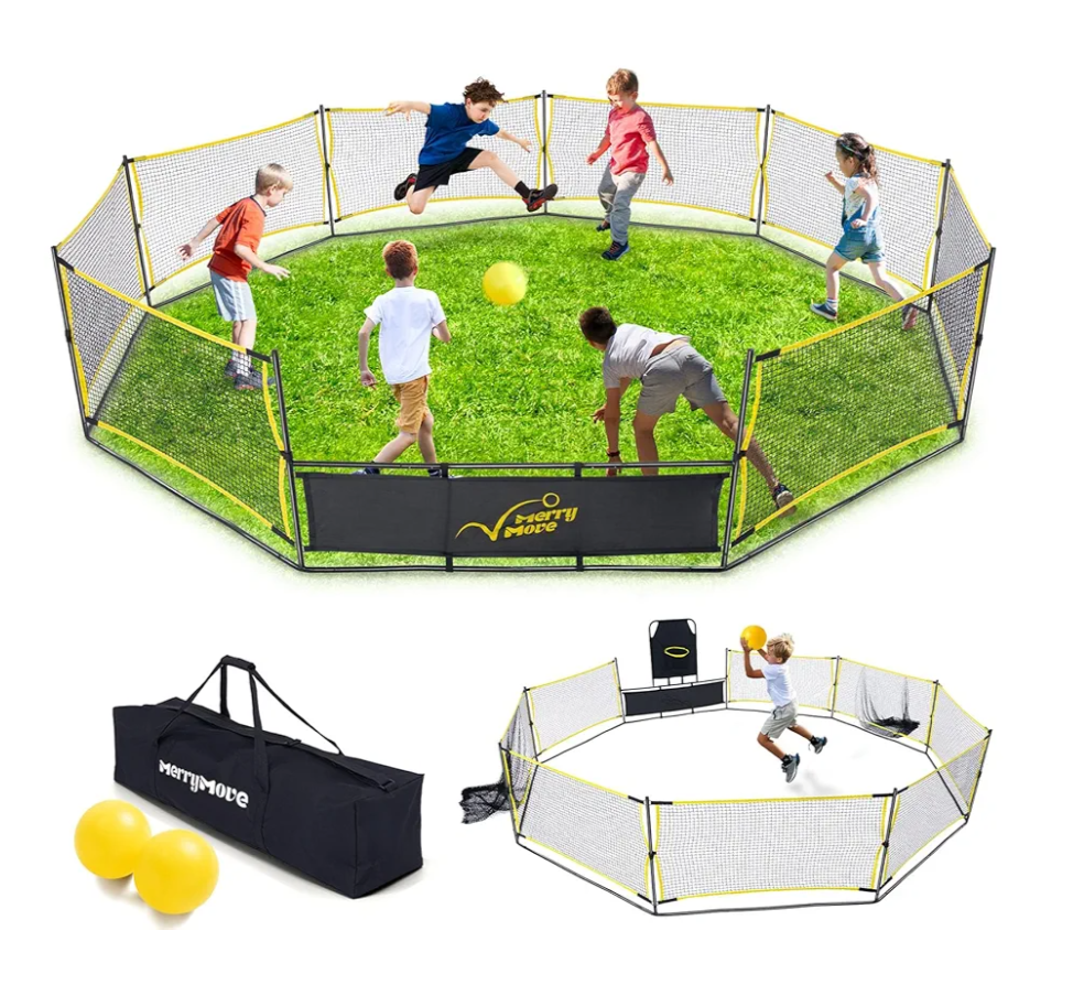 Gaga Ball Pit Portable: 15FT 3in1 Gaga Pit with Basketball Hoop and Soccer Goals - Play System for Kids 4 to 12 Years Old Indoor Outdoor for Backyard School Camp Activities