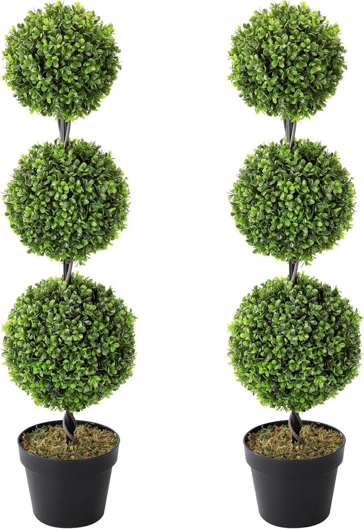 2 Pack 3Ft Artificial Boxwood Topiary Tree,Faux Topiary Ball Trees for Front Door Porch Decor Lifelike Fake Plant Greenery Arrangements with Black Pots for Home Office Desk Decor-Green