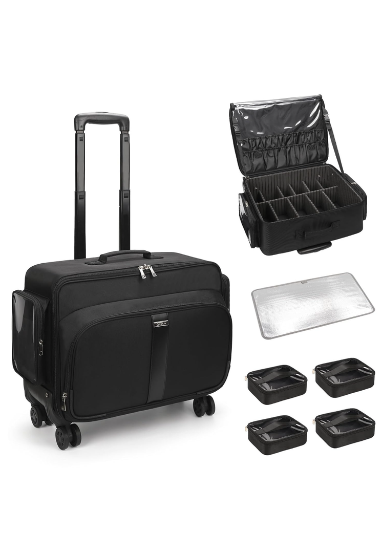 Large Rolling Makeup Case，Professional Makeup Artist Bag with 4 Small Bag Makeup Case, Adjustable Dividers, Portable Travel Supply Station for Cosmetics Storage Organizer Trolley Suitcase Makeup Cart