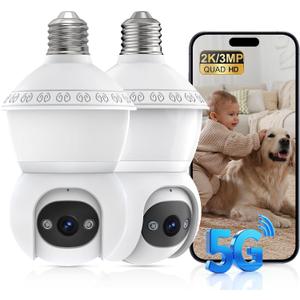 Light Bulb Security Camera,2.4G/5GHz WiFi 2K Security Cameras Wireless Outdoor, Bulb Cameras for Home Security, AI Human Detection and Alarm,2 Way Talk, Color Night Vision, Compatible with Alexa 2PCS (White)