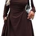 Women's Square Neck Long Sleeve Mini Dress Ruched Waist Corset Fall Dresses Slim-Fit with Pockets (Large, Brown)