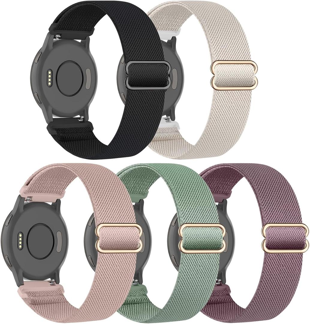 5 Pack Stretchy Nylon Watch Bands Compatible with Garmin Venu 3/4 45mm/2/Forerunner 265/255/Vivoactive 4,22mm Soft Adjustable Sports Replacement Strap for Amazfit Bip 5/6/Balance 2/1/GTR 4/3/2 (black/starlight/rose pink/cactus/smoke violet)