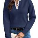 V Neck Sweaters for Women, Long Sleeve Lace Trim Knit Sweater Fall Casual Lightweight Pullover Top Navyblue