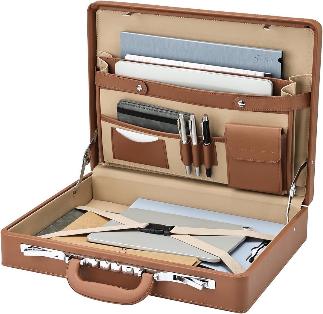 Briefcases for Men, Carrying Case Document Professional Leather Briefcase with Lock, Business Brief Case for 16 Inch Laptop Documents, Durable Executive Attache Case for Work Office Travel, Brown