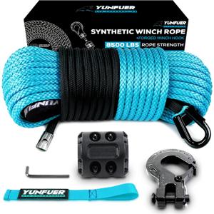 Synthetic Winch Rope Cable Kit - 3/16" x 50ft, 8500LBS with Protective Sleeve + Forged Winch Hook + Rubber Stopper and Safety Pull Strap for ATV UTV (Blue)
