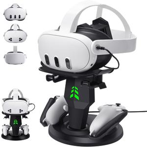 VR Headset Charging Dock for Meta Quest 3/Quest 3S/Quest 2, VR Charging Stand for Quest 3 Accessories VR Stand Supports Charging Headset with Type C Cable and fit Controller with Cover