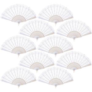QIRMIZI 10 Pack Lace Handheld Folding Fan - Elegant Silk Fan for Women's Wedding Decoration and Dancing Party - White
