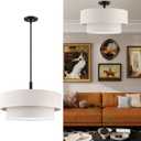 5 Light 22" Cream Fabric Shade Hanging Black Farmhouse Pendant Light, Size: 22", The Linen Fabric Chandelier light mounting base is compatible with US junction boxes hard connection