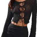 GORGLITTER Women's Tie Front Mesh Long Sleeve Tops Textured Sexy Going Out Crop Top (Black) S
