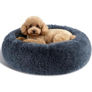 Dog Calming Beds for Small Medium Large Dogs - Round Donut Washable Puppy Dog Bed, Anti-Slip Faux Fur Fluffy Donut Cuddle Anxiety Cat Pet Bed (20" Dark Grey)