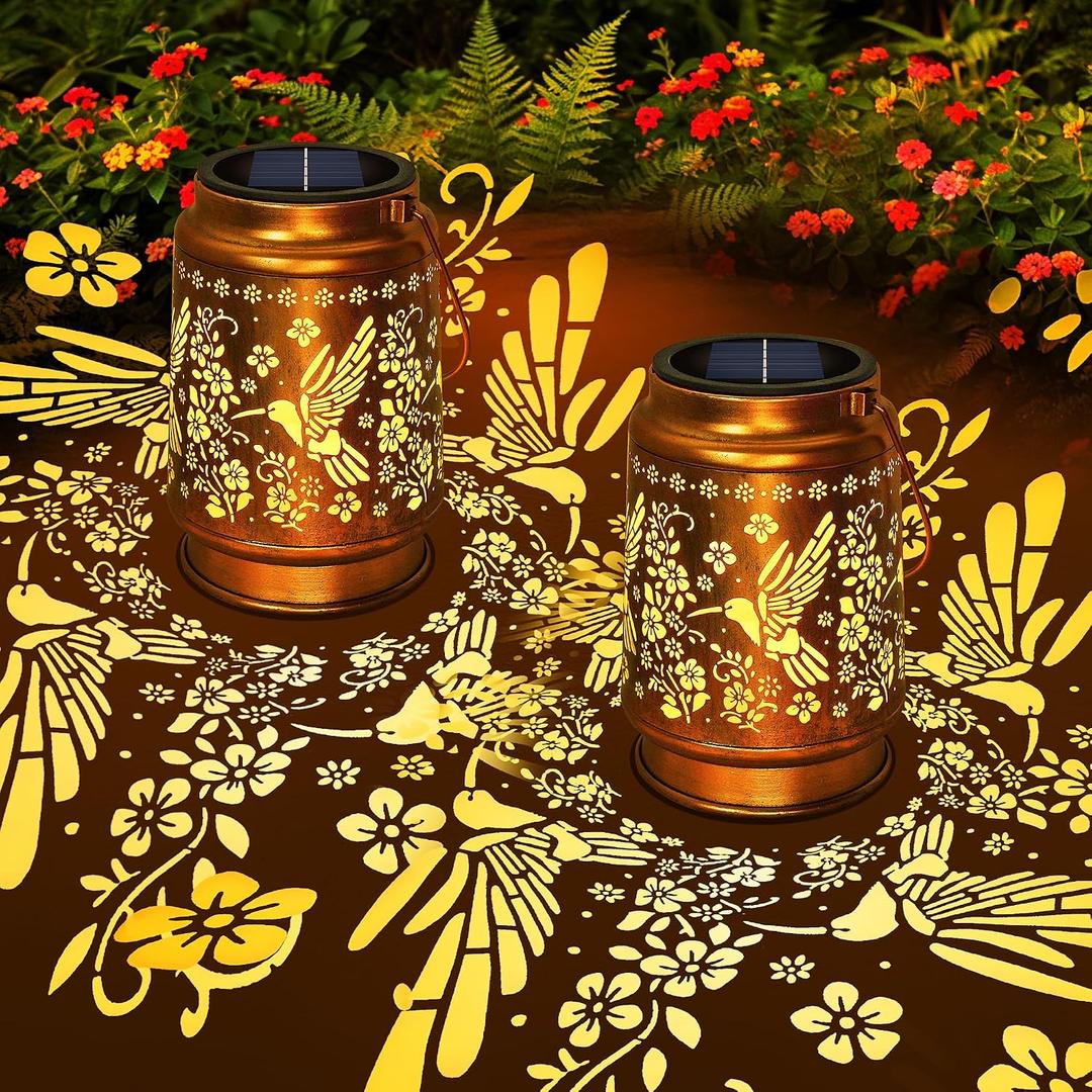 Solar Lanterns Outdoor Waterproof Hummingbird Hanging Solar Lantern Metal Patio Yard Garden Decoration Gifts for Mom Grandma 2 Packs