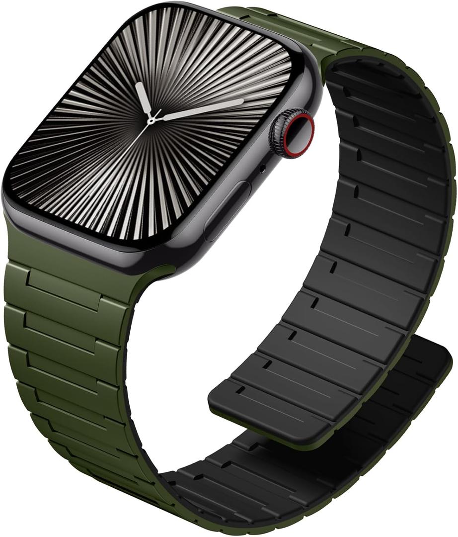 SNBLK Magnetic Watchband Compatible with Apple Watch for Men Women, Silicone Sport Strong Magnet Strap for iWatch Army Green/Black, 44mm/45mm/46mm/49mm/(42mm-Series 3 2 1)