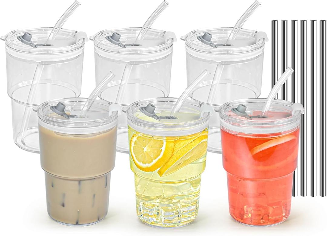 15 oz Plastic Iced Coffee Cups with Lids and Straws Set of 6, Unbreakable Drinking Glasses Reusable Iced Coffee Glass to Go Cup for Matcha Tea Smoothie Juice Cup Dishwasher Safe