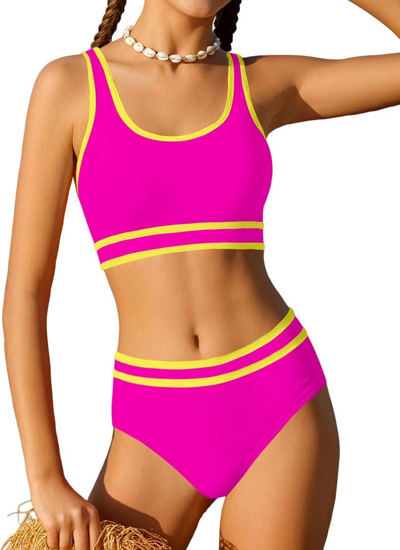 Girls Swimsuit Double Strap High Waist Sporty Bikini Swimsuits Swim Cover Up Skirt 3 Piece Set (9-10 Years, Pink)