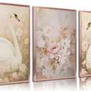 3pcs Nursery Swan Canvas Wall Art Pink Swan Flowers Posters Prints Girl Kid Animal Wall Decor Pictures For Living Room Bedroom Girls Room Decoration Unframed