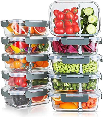 KOMUEE 9 Packs 30oz Glass Meal Prep Containers 2 Compartments,Glass Food Storage Containers with Lids,Airtight Lunch Bento Boxes,Microwave,Oven,Freezer and Dishwasher Safe