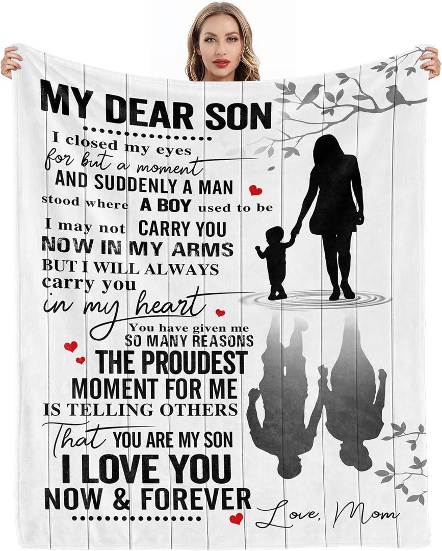 Gifts for Son from Mom Fathers Day Birthday Gifts to My Son Blanket Boys Christmas Valentines Day Gifts for Him Love Son Letters Printed Soft Throw for Bed Couch 60" x 50"