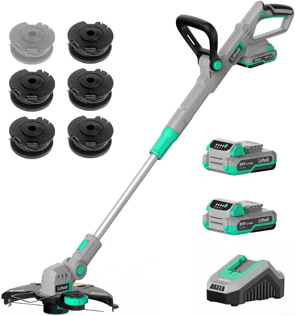 Litheli 20V 12 Inch Cordless String Trimmer/Edger, 2 X 2.0Ah Battery Powered Weed Eater with Auto-Feed for Lawn Trimming/Edging, with 6 Pcs Grass Cutter Spool Line, Fast Charger Included