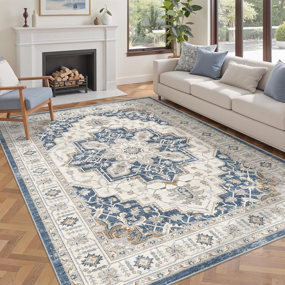 befbee 5x7 Area Rug for Living Rooms, Stain Resistant Neutral Washable Rugs for Dining Rooms, Floral Vintage Non-Slip Thin Large Size Area Rugs(Blue)