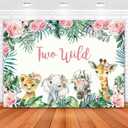 Two Wild Birthday Backdrop for Girl Jungle Safari Animals 2nd Birthday Party Decorations Pink Floral Palm Leaves Photo Background for Wild Two Party Cake Table Banner Supplies 7x5ft