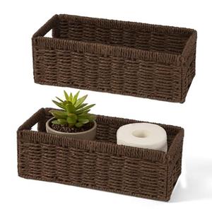 Maqauai Paper Rope Wicker Storage Baskets with Handles, 2 Pack Foldable Storage Basket, Rectangle Wicker Basket, Small Wicke Baskets for Pantry Shelves, Toilet Paper Storage Basket for Bathroom, Brown