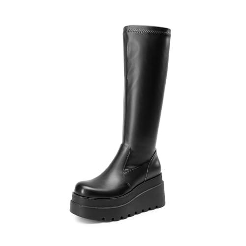 DREAM PAIRS Women's Knee High Boots Wedge Platform Chunky Heel Round Toe Side Zipper Fashion Long Tall Sock Punk Goth Boots for Women,Size 9,Black-Pu,SDKB2409W, Color: Black-pu