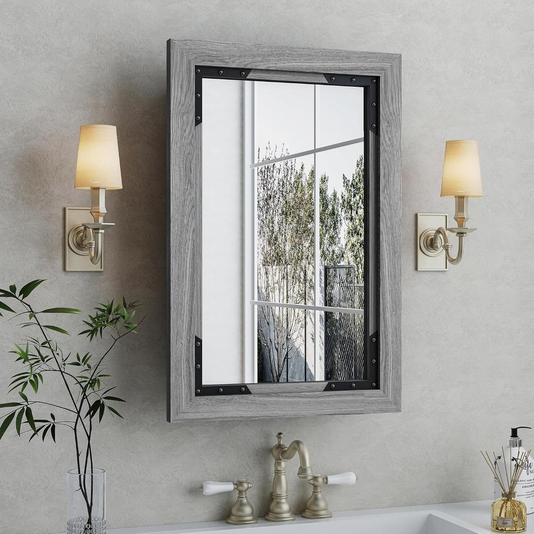 Medicine Cabinet Mirror 24 x 36 Inch Farmhouse Bathroom Mirror Door Solid Wood Storage Cabinet with Adjustable Shelves, Wall Mounted for Bathroom Living Room, Grey