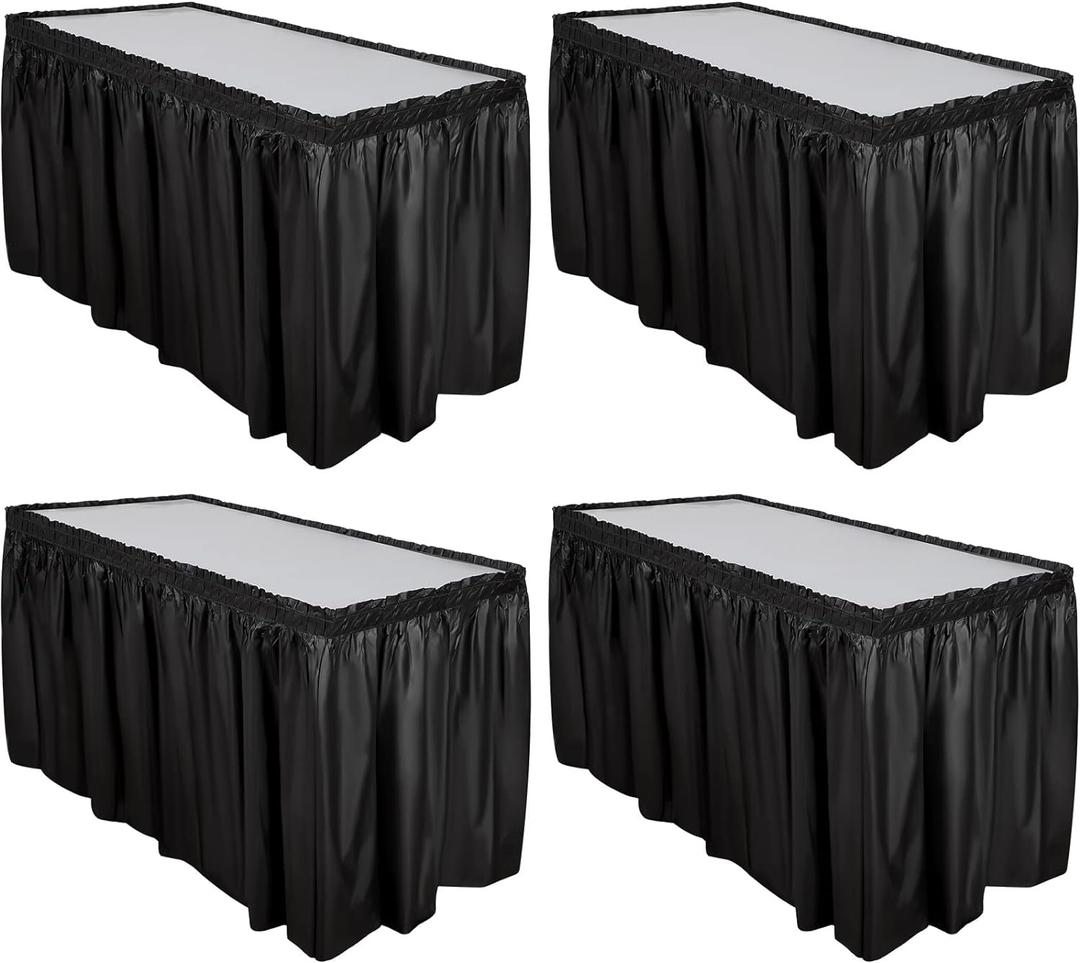 Breling 4 Pcs Plastic Table Skirt 29 Inches x 14 ft Disposable Table Skirt for Rectangle Tablecloth Wedding Shower Birthday Party Banquet(Black)
